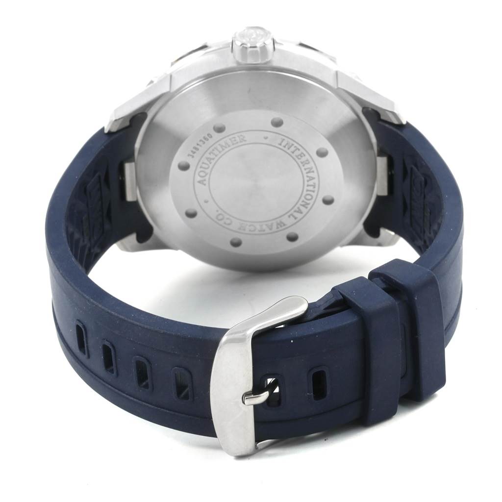 This image shows the back case and blue rubber strap of an IWC Aquatimer IW356805 Men's Stainless Steel White Dial IW356805 Men's Stainless Steel White Dial watch at a rear angle.