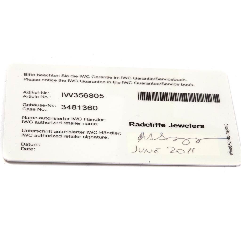 This image shows the warranty card for the IWC Aquatimer IW356805 Men's Stainless Steel White Dial IW356805 Men's Stainless Steel White Dial watch model, including article and case numbers, and retailer information.