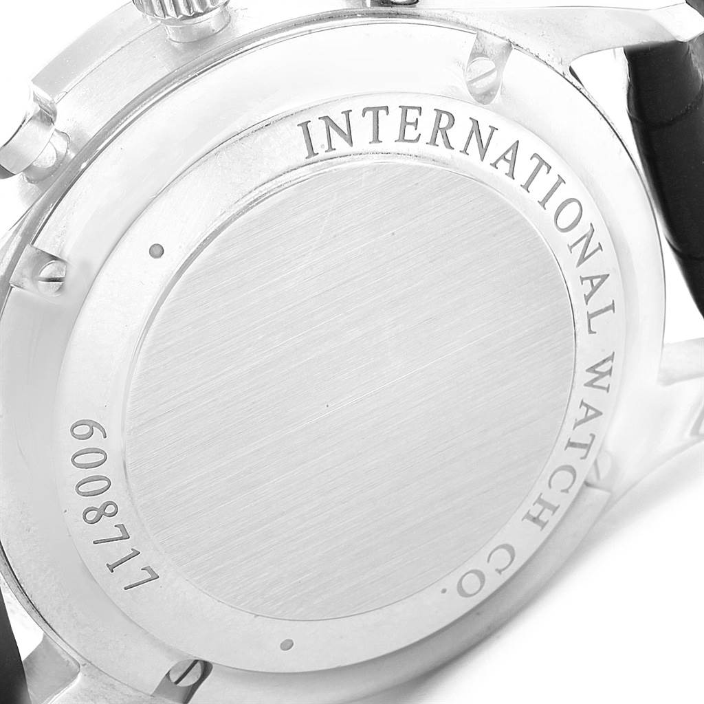 This image shows the backside of the IWC Portuguese IW371445 Men's Stainless Steel Silver Dial IW371445 Men's Stainless Steel Silver Dial model watch, showcasing the case back and part of the strap.