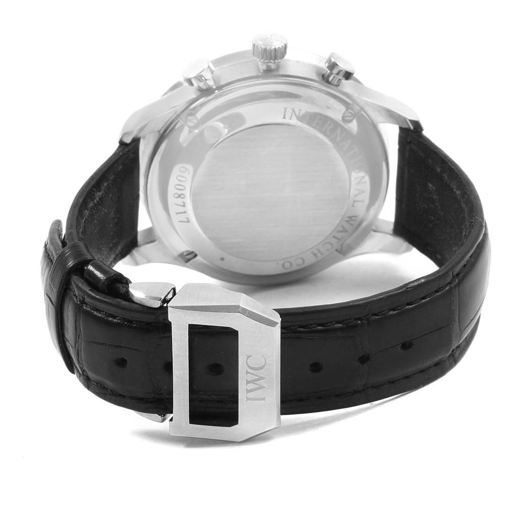 The image shows the back case and black leather strap of the IWC Portuguese IW371445 Men's Stainless Steel Silver Dial IW371445 Men's Stainless Steel Silver Dial model watch.