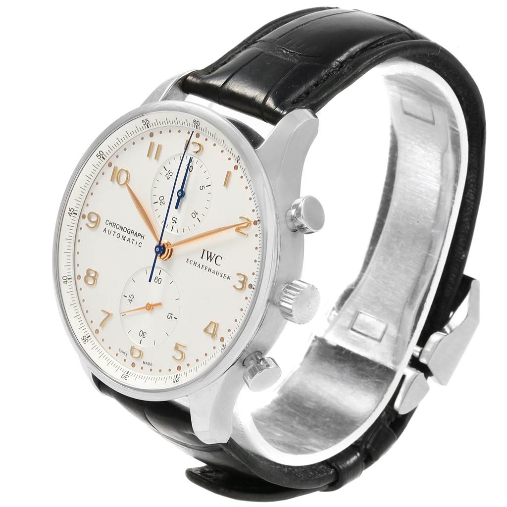 This image shows an IWC Portuguese IW371445 Men's Stainless Steel Silver Dial IW371445 Men's Stainless Steel Silver Dial Chronograph watch at a three-quarter angle highlighting its face, crown, pushers, and black leather strap.