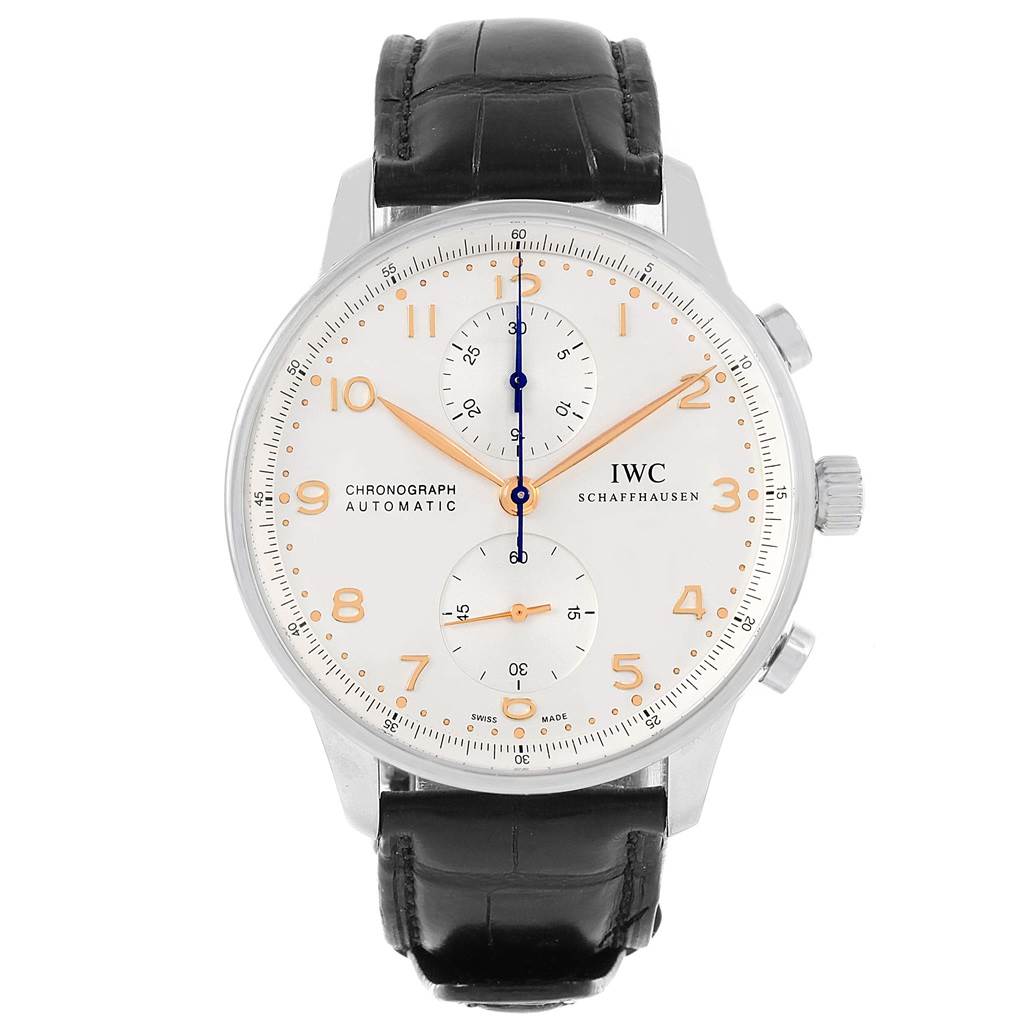 This image shows a front view of the IWC Portuguese IW371445 Men's Stainless Steel Silver Dial IW371445 Men's Stainless Steel Silver Dial model watch, featuring its face, hands, subdials, pushers, and leather strap.