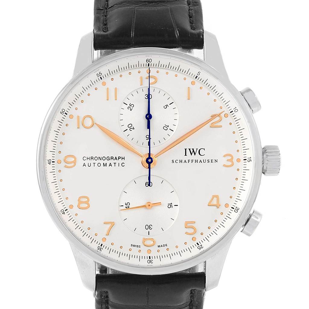 The image shows a close-up front view of an IWC Portuguese IW371445 Men's Stainless Steel Silver Dial IW371445 Men's Stainless Steel Silver Dial Chronograph Automatic watch with a white dial and black leather strap.