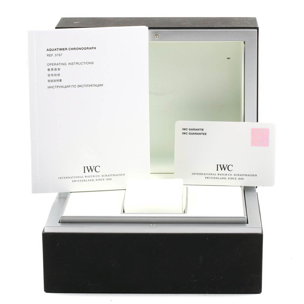 The image shows the box, operating instructions, and guarantee card for the IWC Aquatimer IWC376705 Men's Stainless Steel Black Dial IWC376705 Men's Stainless Steel Black Dial Chronograph model.