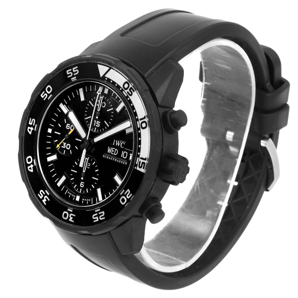 The IWC Aquatimer IWC376705 Men's Stainless Steel Black Dial IWC376705 Men's Stainless Steel Black Dial watch is shown at a three-quarter angle displaying its face, bezel, and strap.