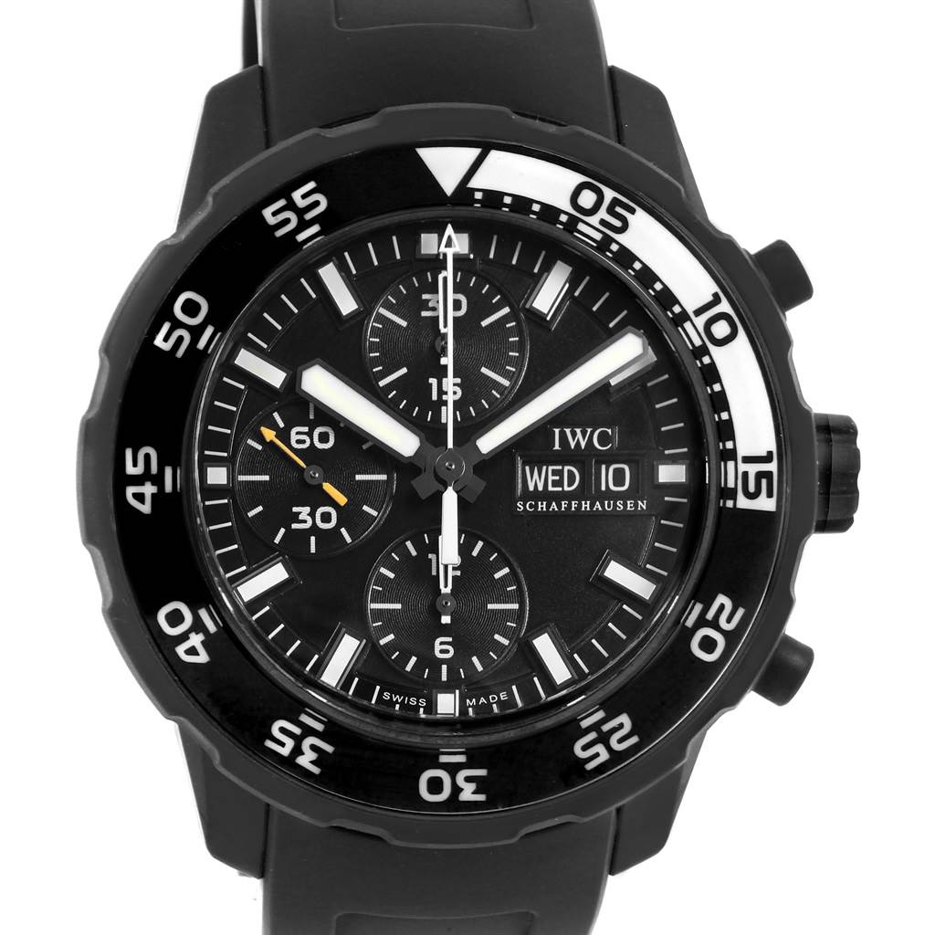 The IWC Aquatimer IWC376705 Men's Stainless Steel Black Dial IWC376705 Men's Stainless Steel Black Dial watch is shown from a frontal angle, displaying its black dial, chronograph subdials, bezel, and rubber strap.
