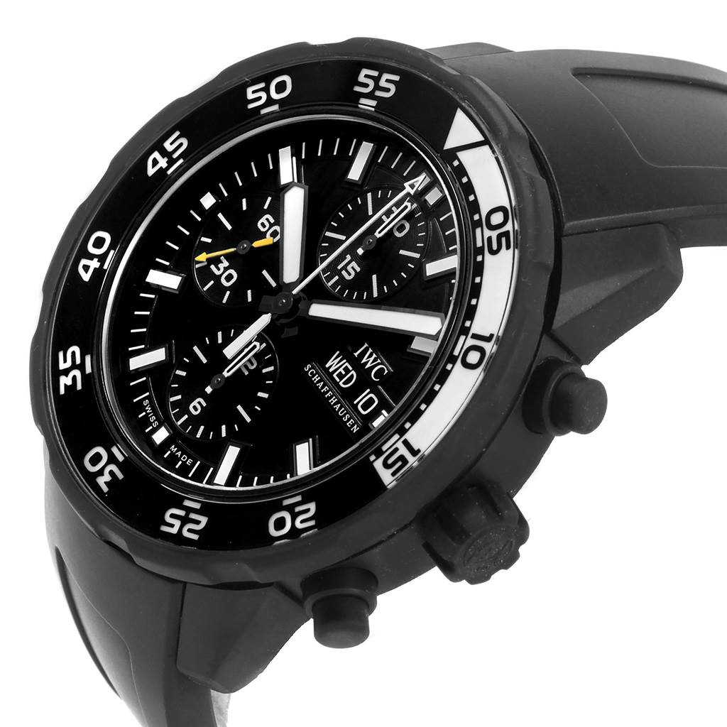 The image shows the IWC Aquatimer IWC376705 Men's Stainless Steel Black Dial IWC376705 Men's Stainless Steel Black Dial watch at a three-quarter angle, highlighting its face, bezel, pushers, and part of the strap.