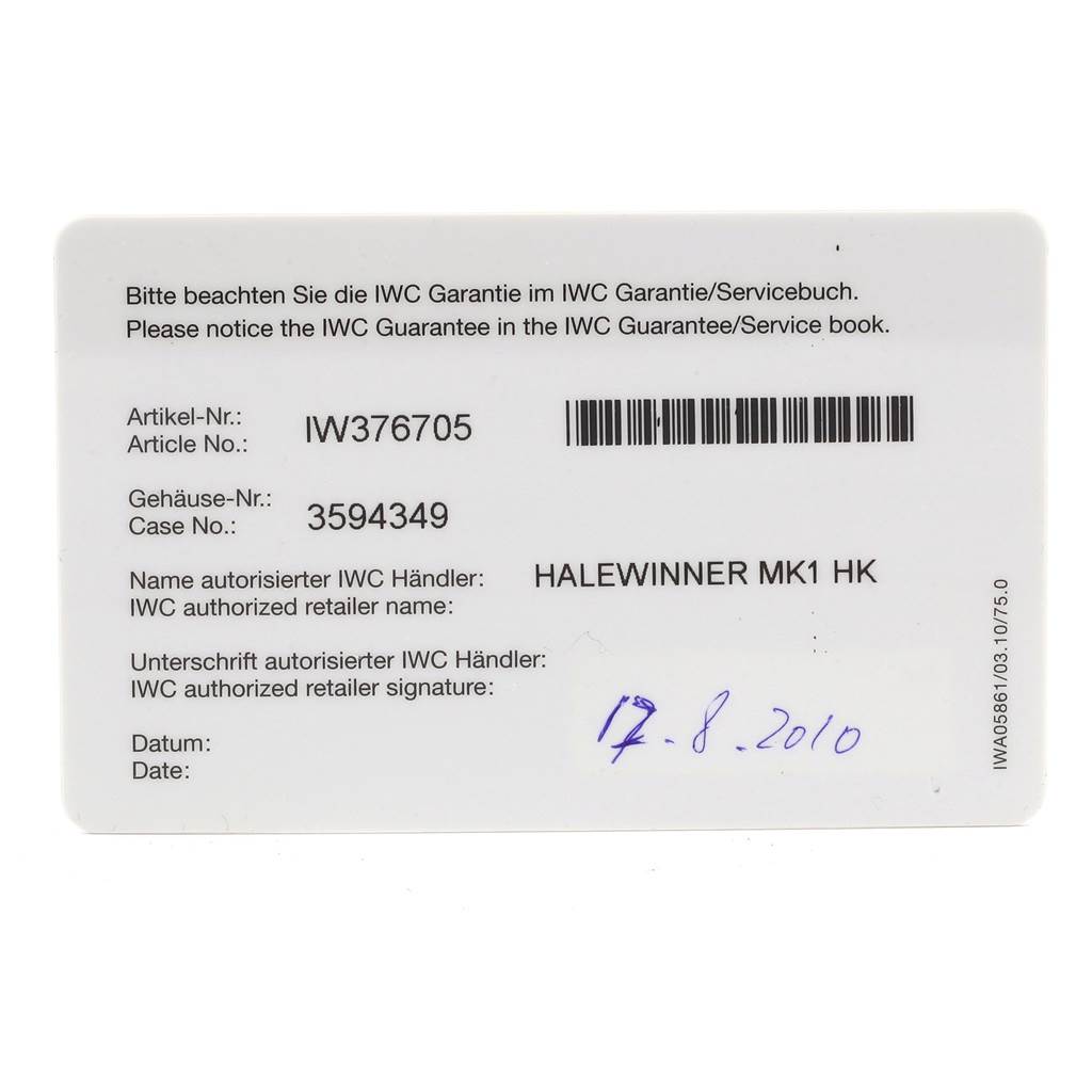 This is an image of the IWC Aquatimer IWC376705 Men's Stainless Steel Black Dial IWC376705 Men's Stainless Steel Black Dial's warranty card, showing the article and case numbers, retailer information, and purchase date.