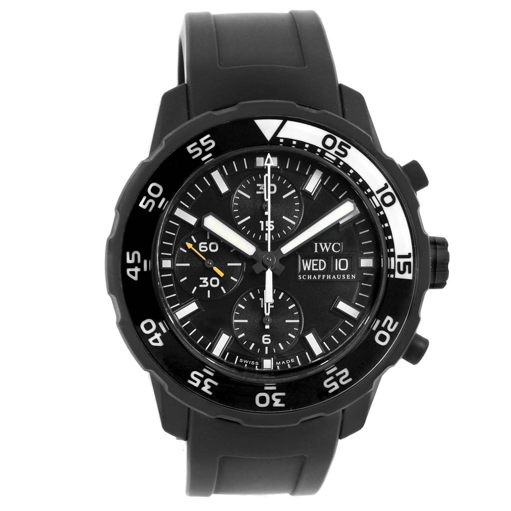 The image shows a front view of the IWC Aquatimer IWC376705 Men's Stainless Steel Black Dial IWC376705 Men's Stainless Steel Black Dial watch, highlighting its black dial, chronograph subdials, and day-date display.