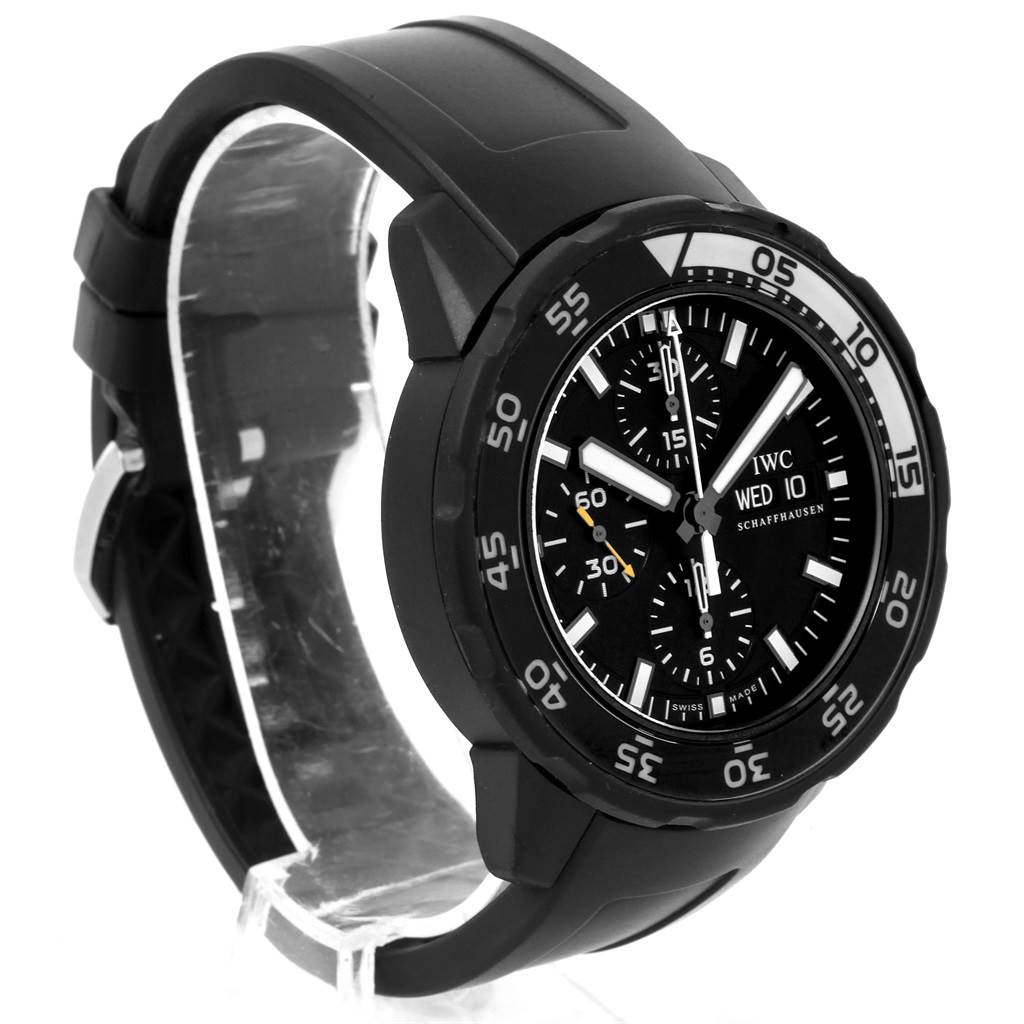 The IWC Aquatimer IWC376705 Men's Stainless Steel Black Dial IWC376705 Men's Stainless Steel Black Dial watch is shown at an angled side view, displaying its black dial, bezel, and rubber strap.