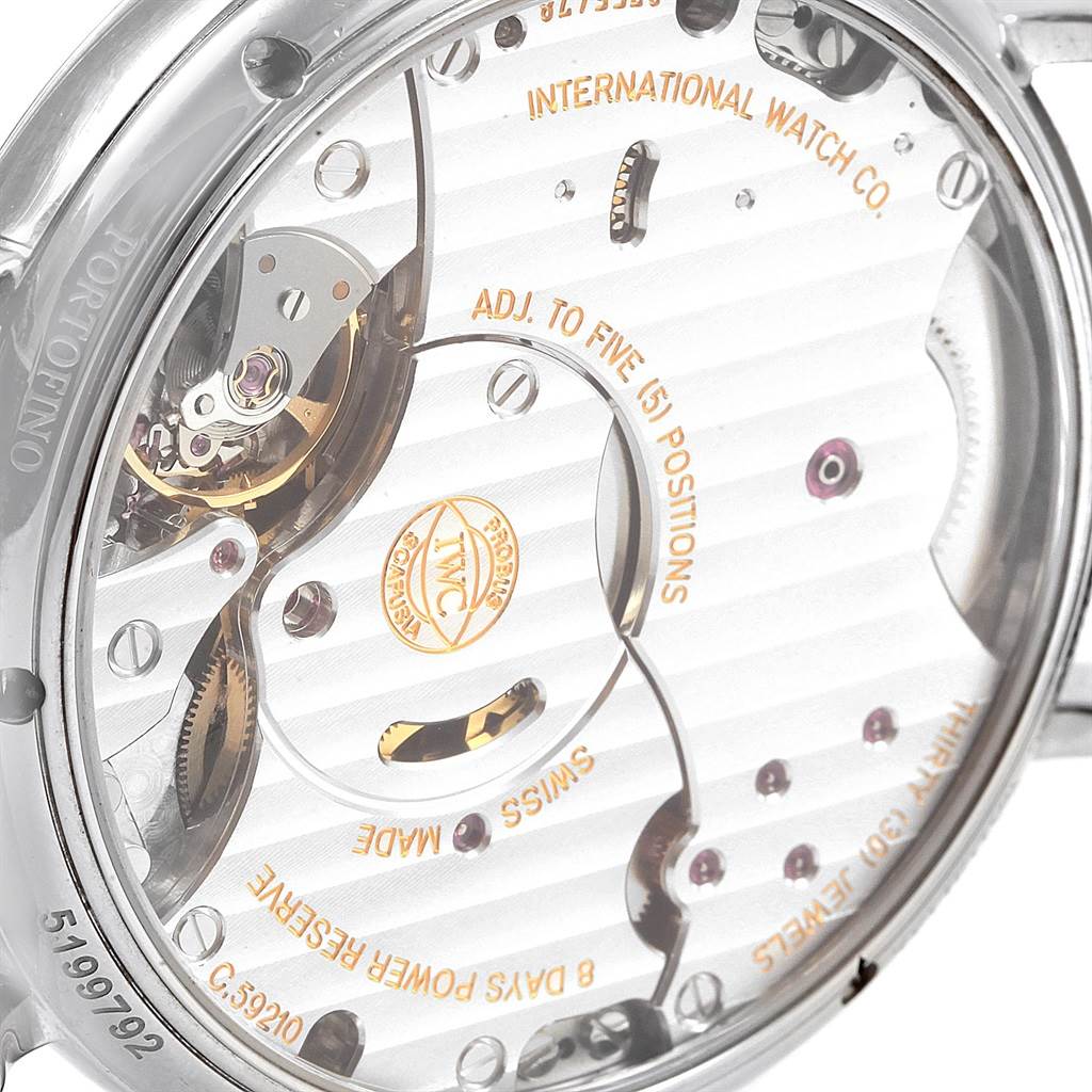 This image shows the back view of an IWC Portofino IW510106 Men
s Stainless Steel Blue Dial IW510106 Men
s Stainless Steel Blue Dial watch, revealing the intricate internal mechanics and engravings.