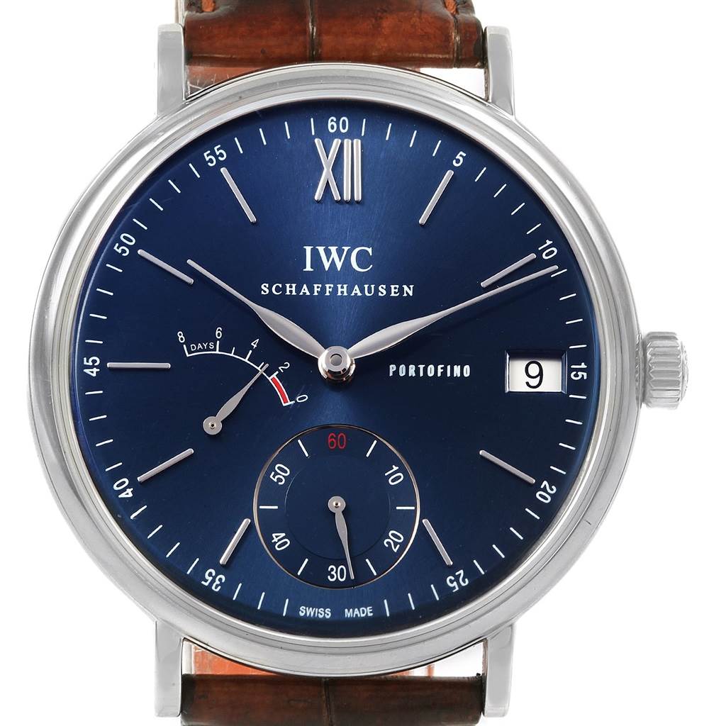 This image shows a front angle of the IWC Portofino IW510106 Men
s Stainless Steel Blue Dial IW510106 Men
s Stainless Steel Blue Dial watch, displaying the dial, hands, date window, subdials, and strap.