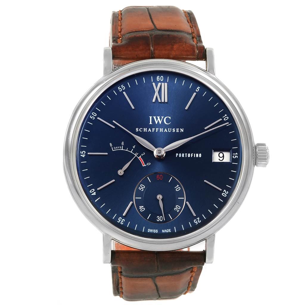 The image shows a front view of the IWC Portofino IW510106 Men
s Stainless Steel Blue Dial IW510106 Men
s Stainless Steel Blue Dial watch, displaying its blue dial, date window, and brown leather strap.