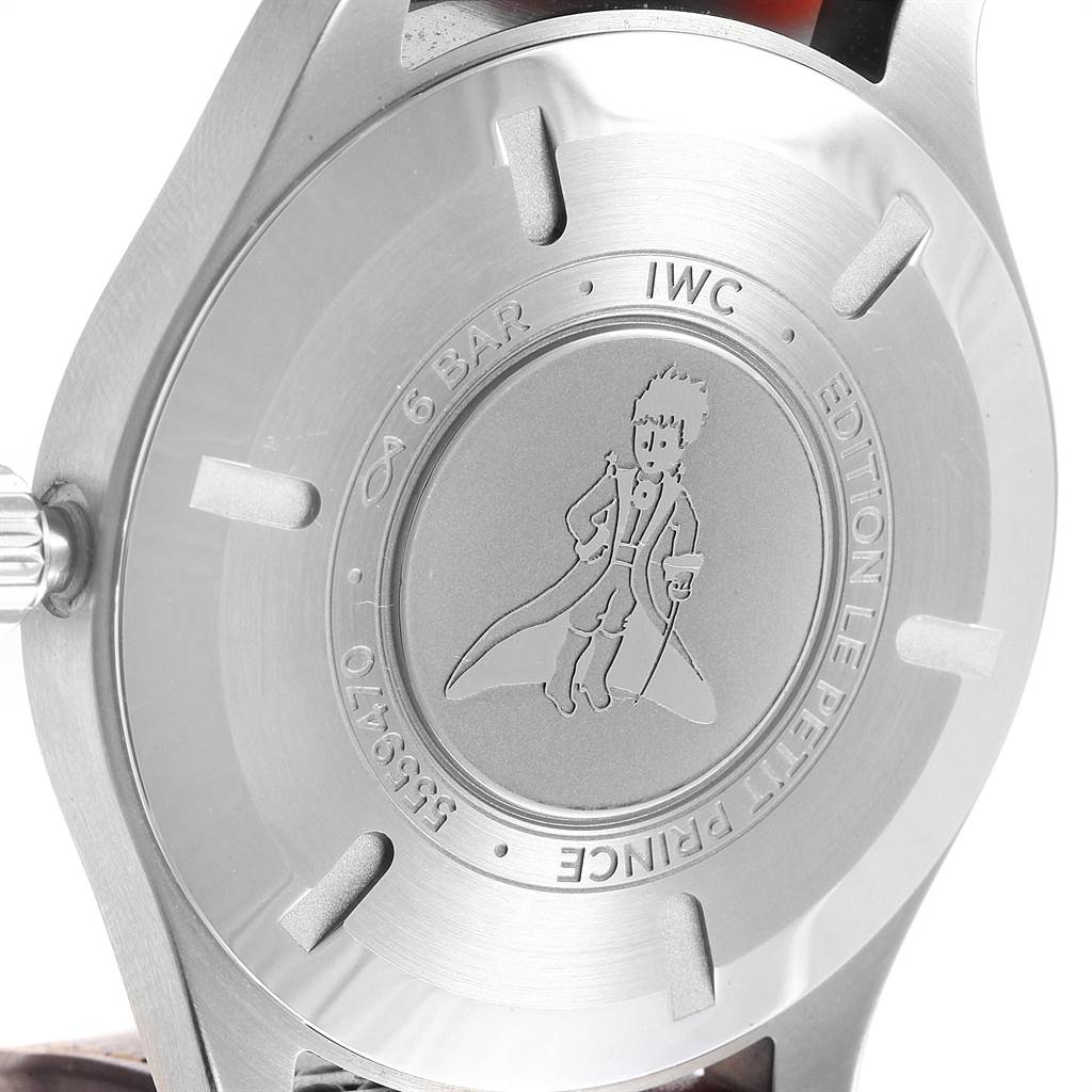 This image shows the back of the IWC Pilot IW327010 Men's Stainless Steel Blue Dial IW327010 Men's Stainless Steel Blue Dial "Le Petit Prince" edition watch.