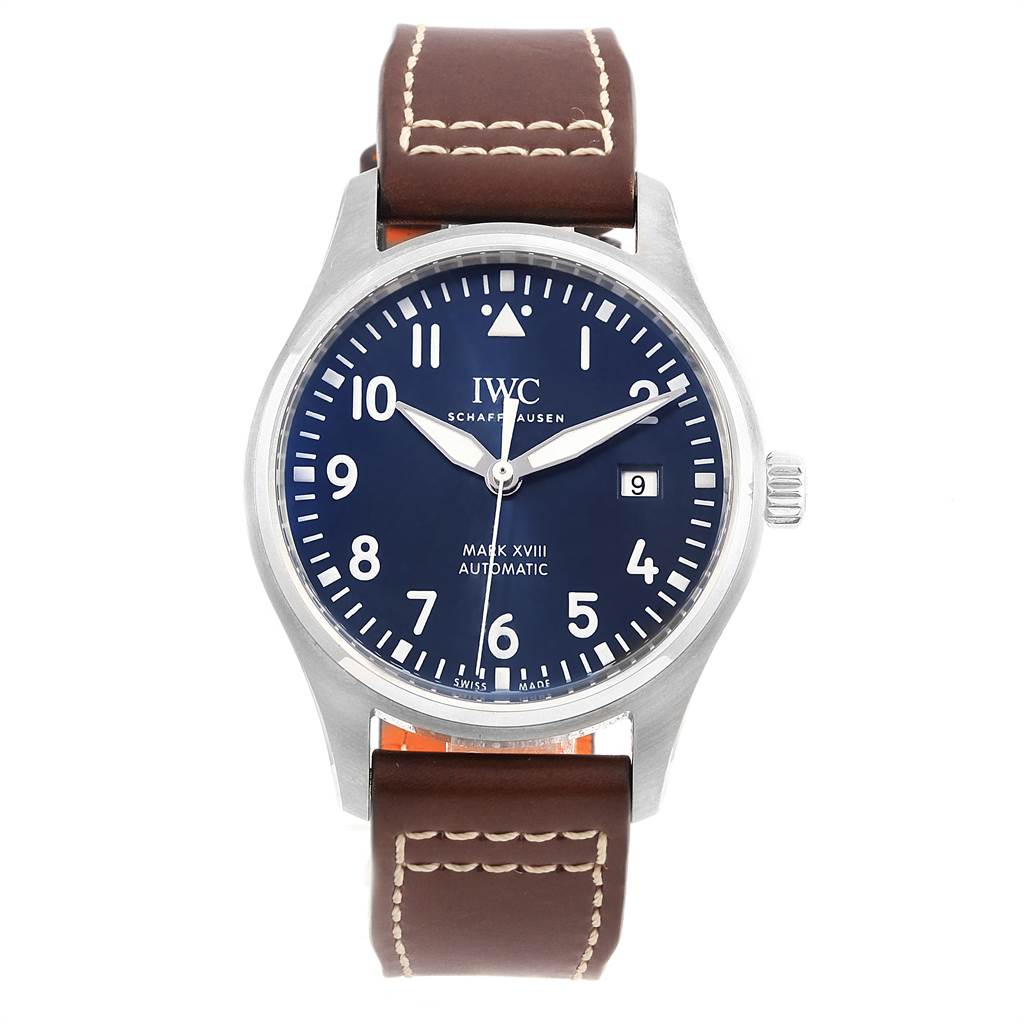 This image shows the front view of the IWC Pilot IW327010 Men's Stainless Steel Blue Dial IW327010 Men's Stainless Steel Blue Dial Mark XVIII Automatic watch, featuring a blue dial, silver case, and brown leather strap.