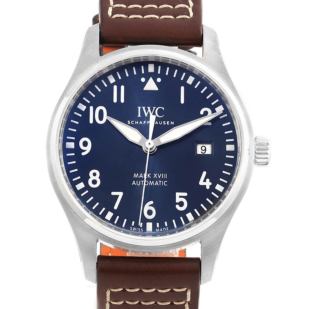 The image shows a frontal view of the IWC Pilot IW327010 Men's Stainless Steel Blue Dial IW327010 Men's Stainless Steel Blue Dial Mark XVIII watch, highlighting its face, bezel, crown, and strap.