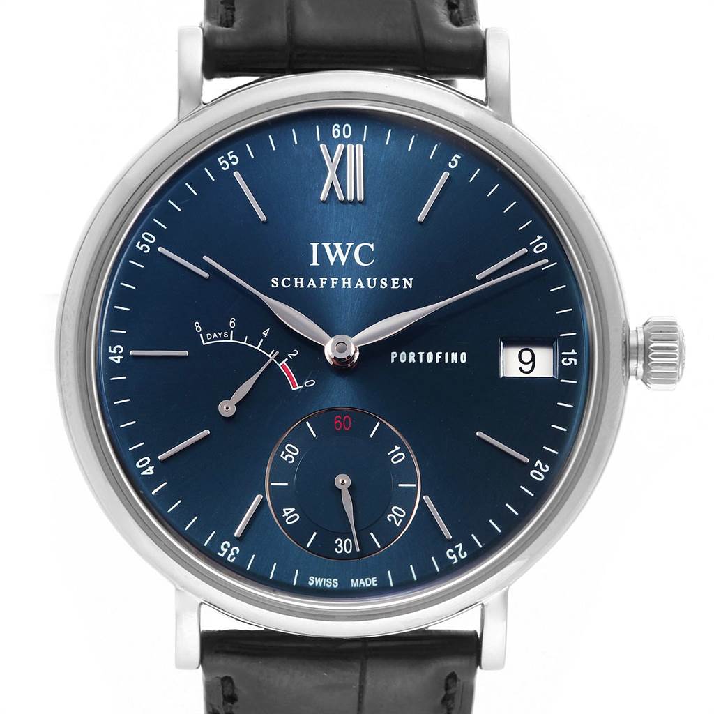 This image shows a close-up, front view of the IWC Portofino IW510106 Men's Stainless Steel Blue Dial IW510106 Men's Stainless Steel Blue Dial watch face with markings, hands, and date window.