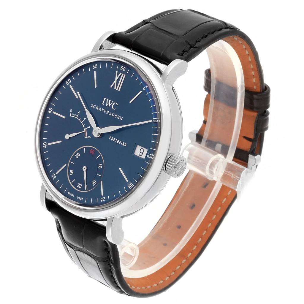 The photo shows an angled view of the IWC Portofino IW510106 Men's Stainless Steel Blue Dial IW510106 Men's Stainless Steel Blue Dial watch, displaying its black leather strap, blue dial, and silver case.