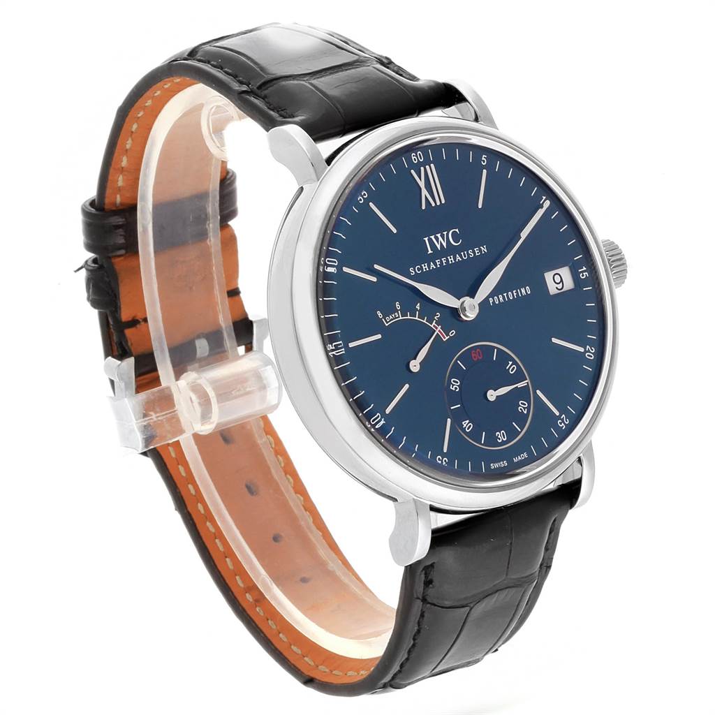 This IWC Portofino IW510106 Men's Stainless Steel Blue Dial IW510106 Men's Stainless Steel Blue Dial watch is shown from a front-side angle, highlighting the face, crown, and leather strap.
