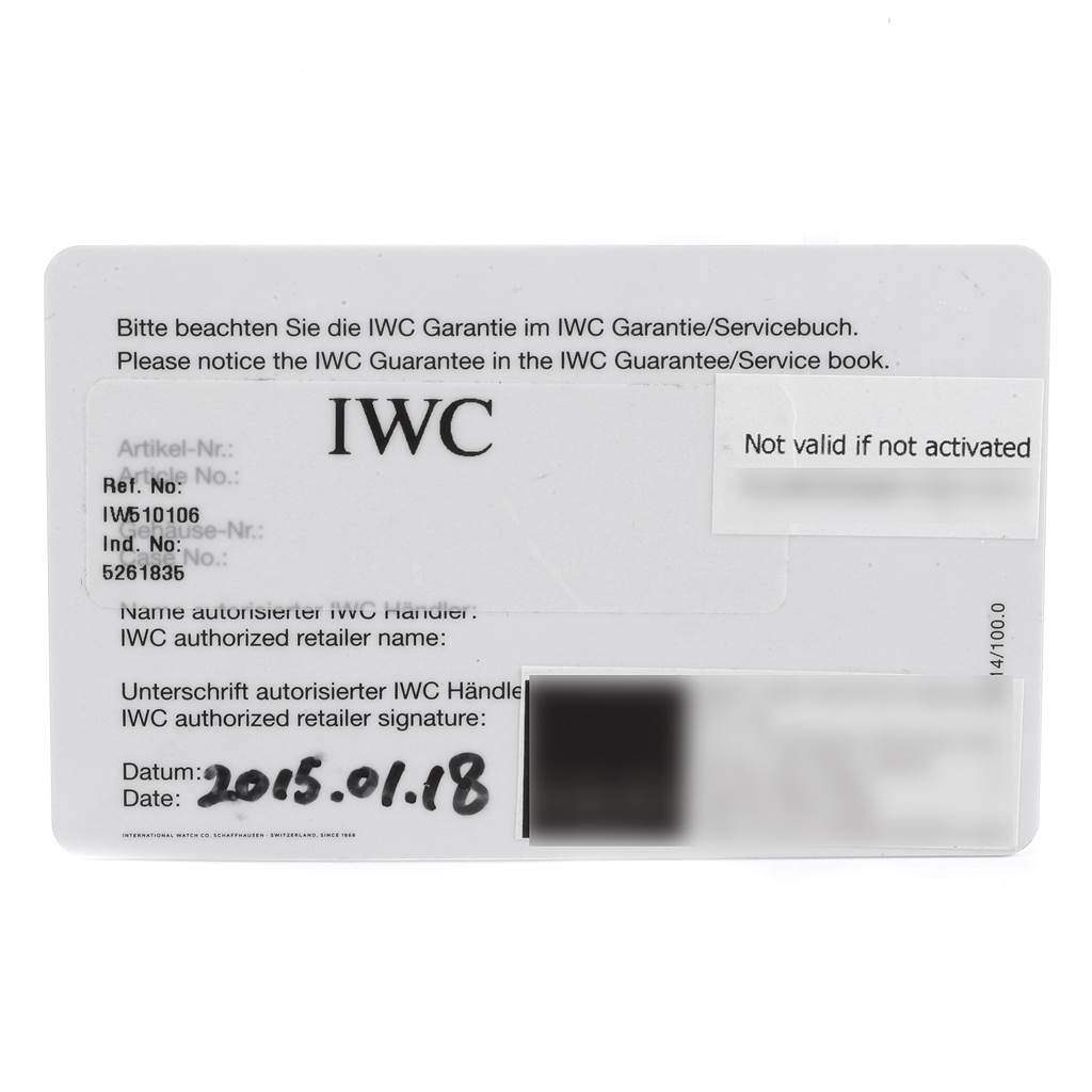 This image shows the warranty card for the IWC Portofino IW510106 Men's Stainless Steel Blue Dial IW510106 Men's Stainless Steel Blue Dial watch model.