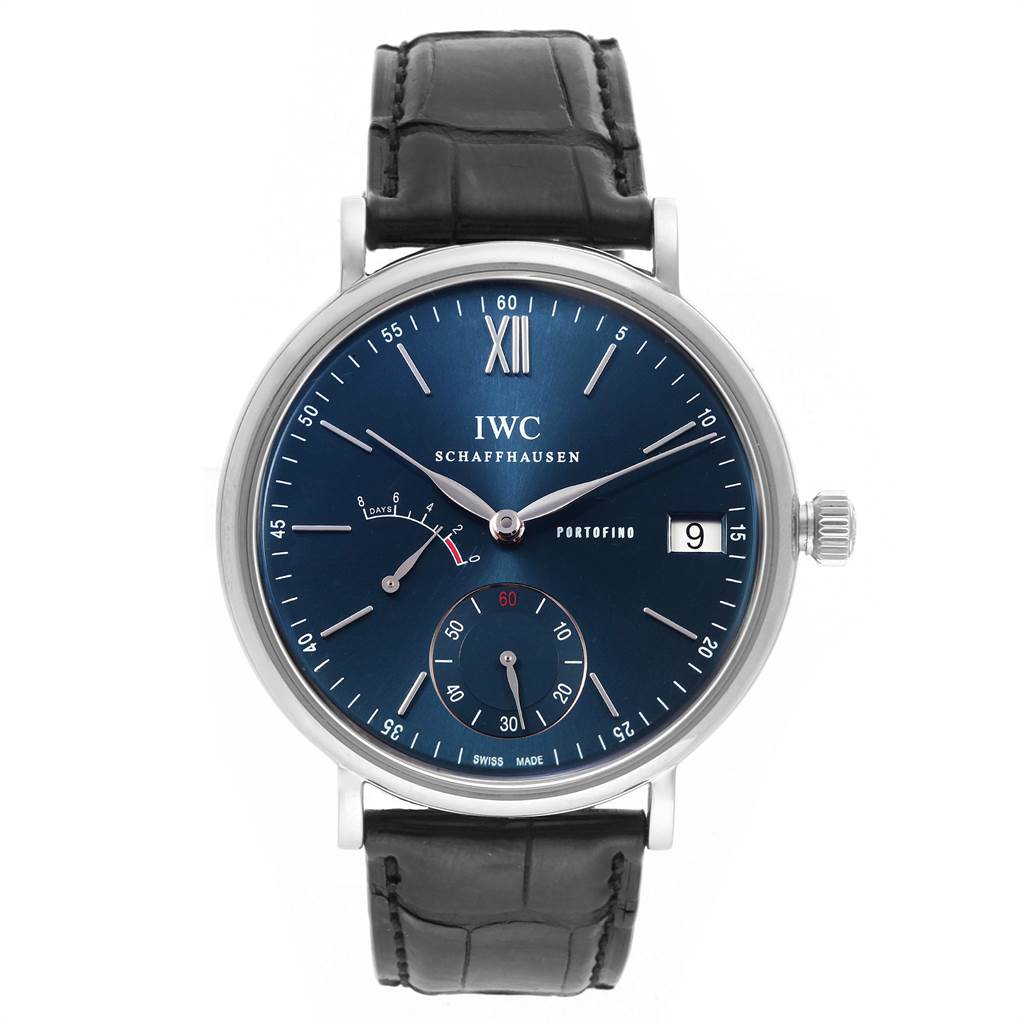 The image shows a front view of an IWC Portofino IW510106 Men's Stainless Steel Blue Dial IW510106 Men's Stainless Steel Blue Dial watch, displaying the dial, hands, date window, and black leather strap.