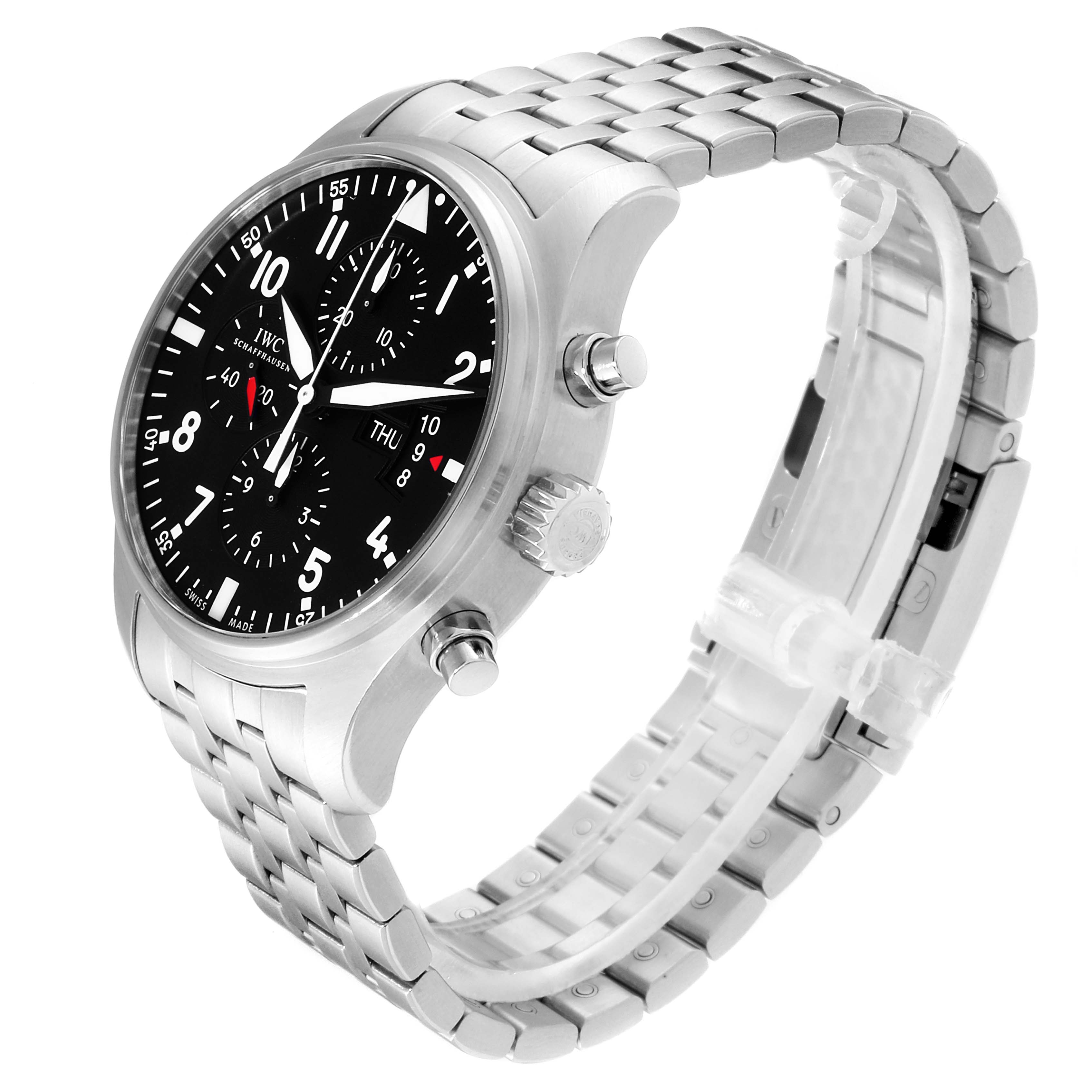 This image shows an angled view of an IWC Pilot IW377704 Men's Stainless Steel Black Dial IW377704 Men's Stainless Steel Black Dial watch, displaying the watch face, crown, chronograph buttons, and metal bracelet.