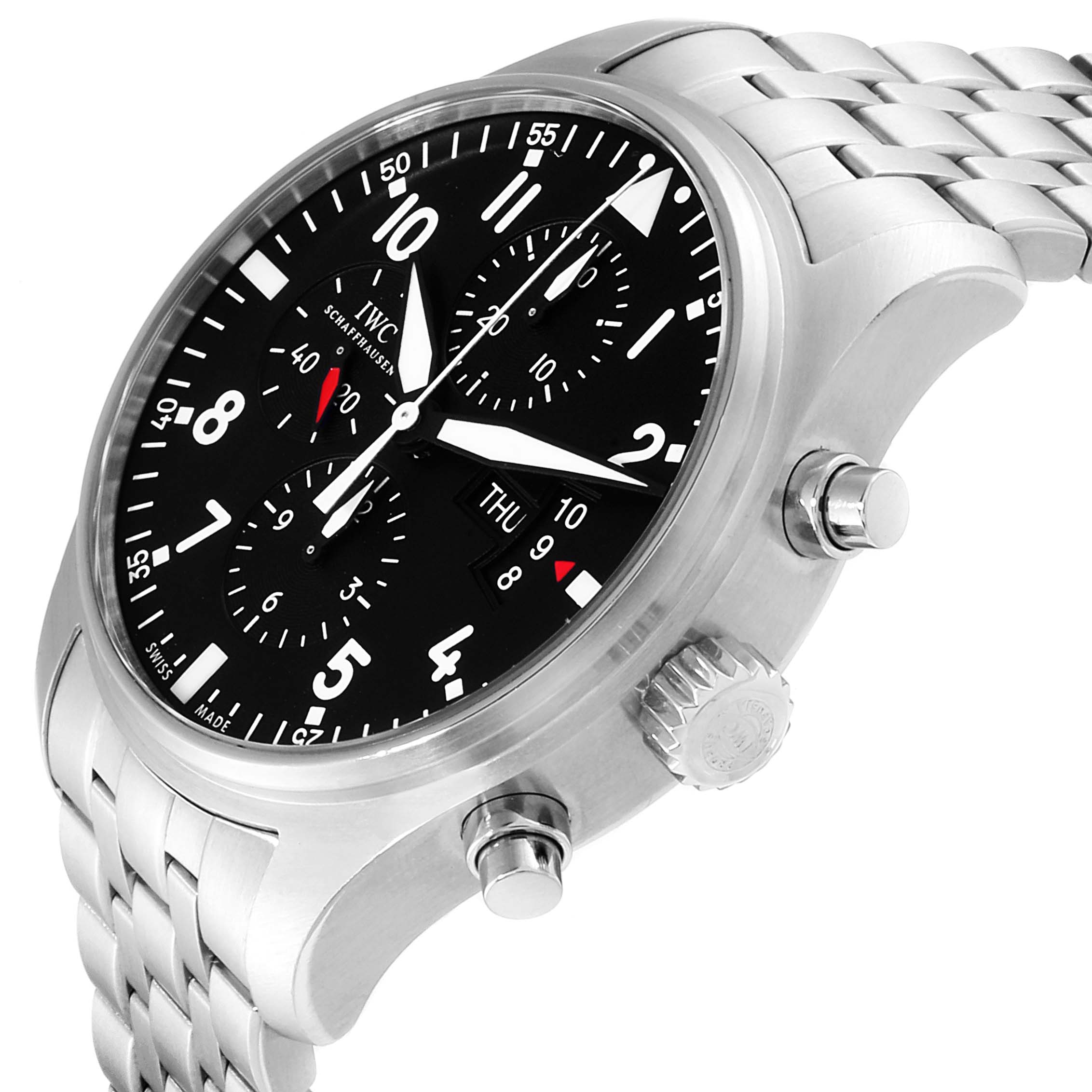 The IWC Pilot IW377704 Men's Stainless Steel Black Dial IW377704 Men's Stainless Steel Black Dial watch is shown from a slightly low side angle, highlighting the crown, pushers, dial, and part of the bracelet.