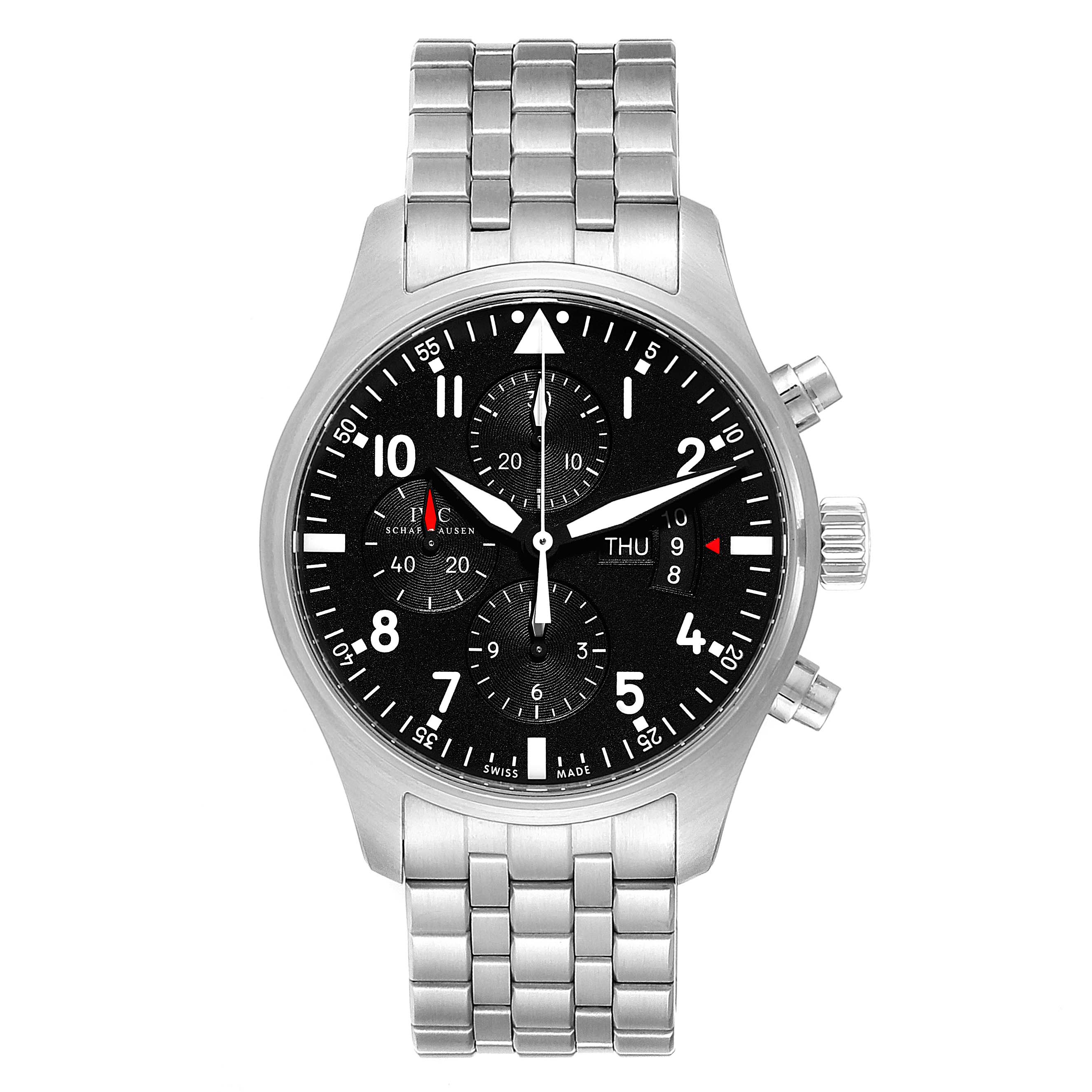 The image shows a front view of an IWC Pilot IW377704 Men's Stainless Steel Black Dial IW377704 Men's Stainless Steel Black Dial model watch, featuring its black dial, chronograph sub-dials, and stainless steel bracelet.