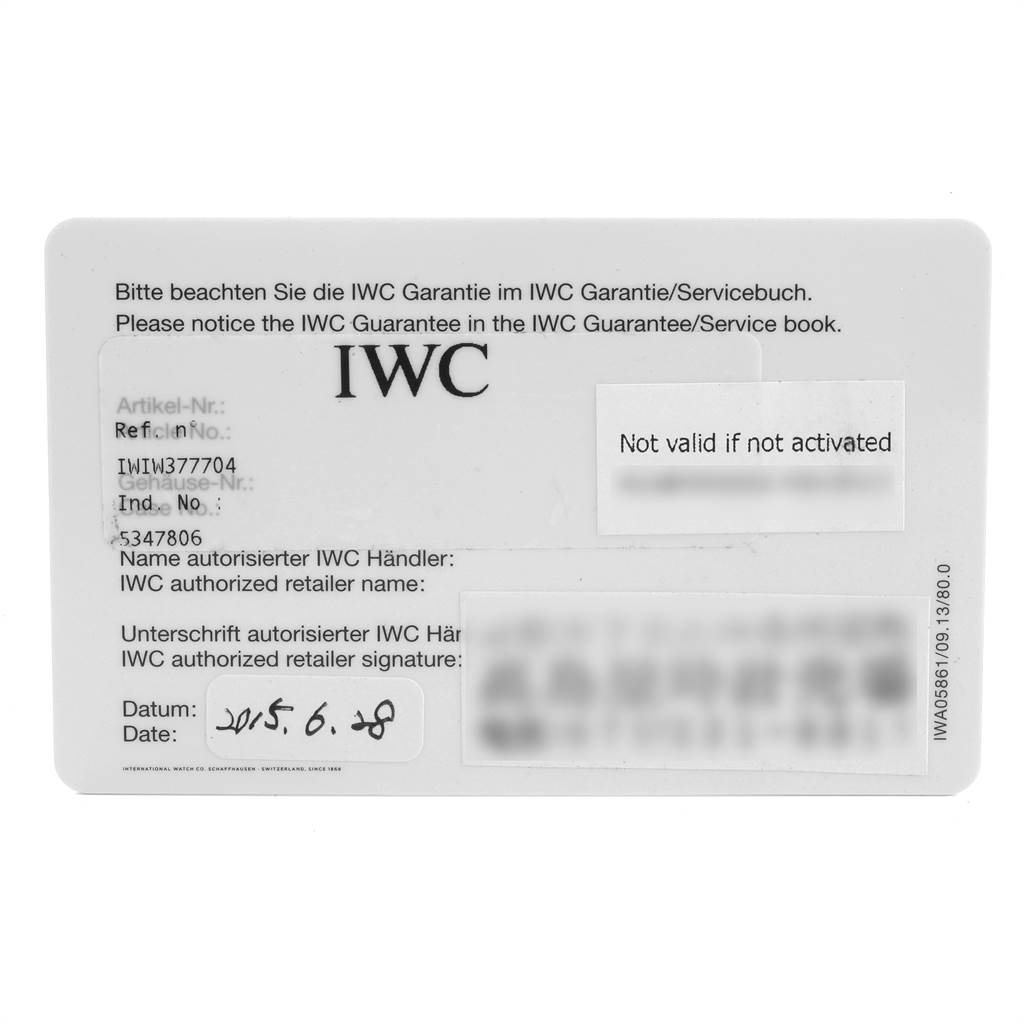 This image shows the warranty card for the IWC Pilot IW377704 Men's Stainless Steel Black Dial IW377704 Men's Stainless Steel Black Dial model watch.
