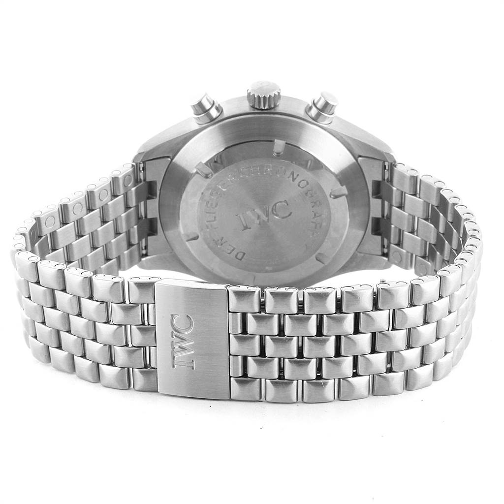 The image shows the back view of an IWC Pilot IW370607 Men
s Stainless Steel Black Dial IW370607 Men
s Stainless Steel Black Dial model watch, highlighting the case back, bracelet, and clasp.