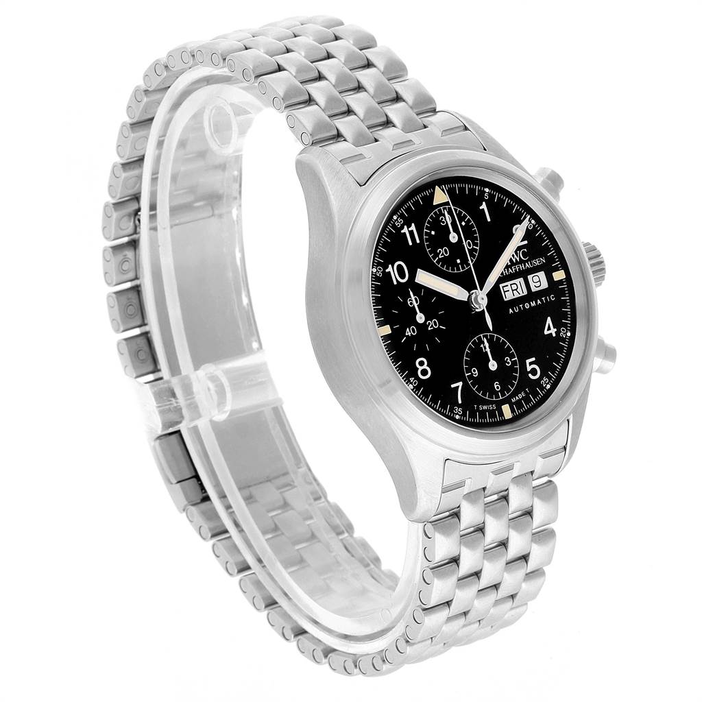 This image shows an angled view of an IWC Pilot IW370607 Men
s Stainless Steel Black Dial IW370607 Men
s Stainless Steel Black Dial model watch, highlighting its bracelet, case, and dial.