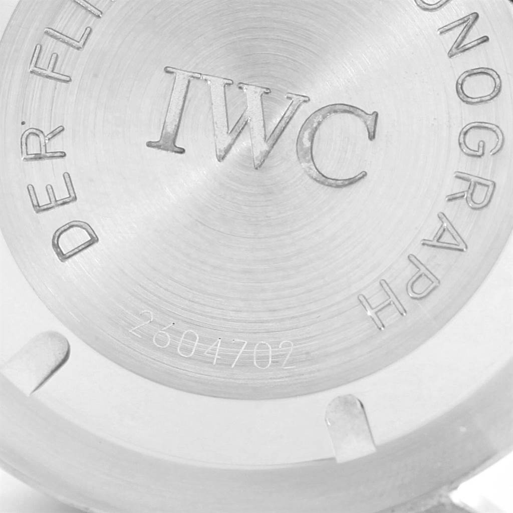 The image shows the case back of an IWC Pilot IW370607 Men
s Stainless Steel Black Dial IW370607 Men
s Stainless Steel Black Dial Chronograph watch, displaying the brand name and model details.