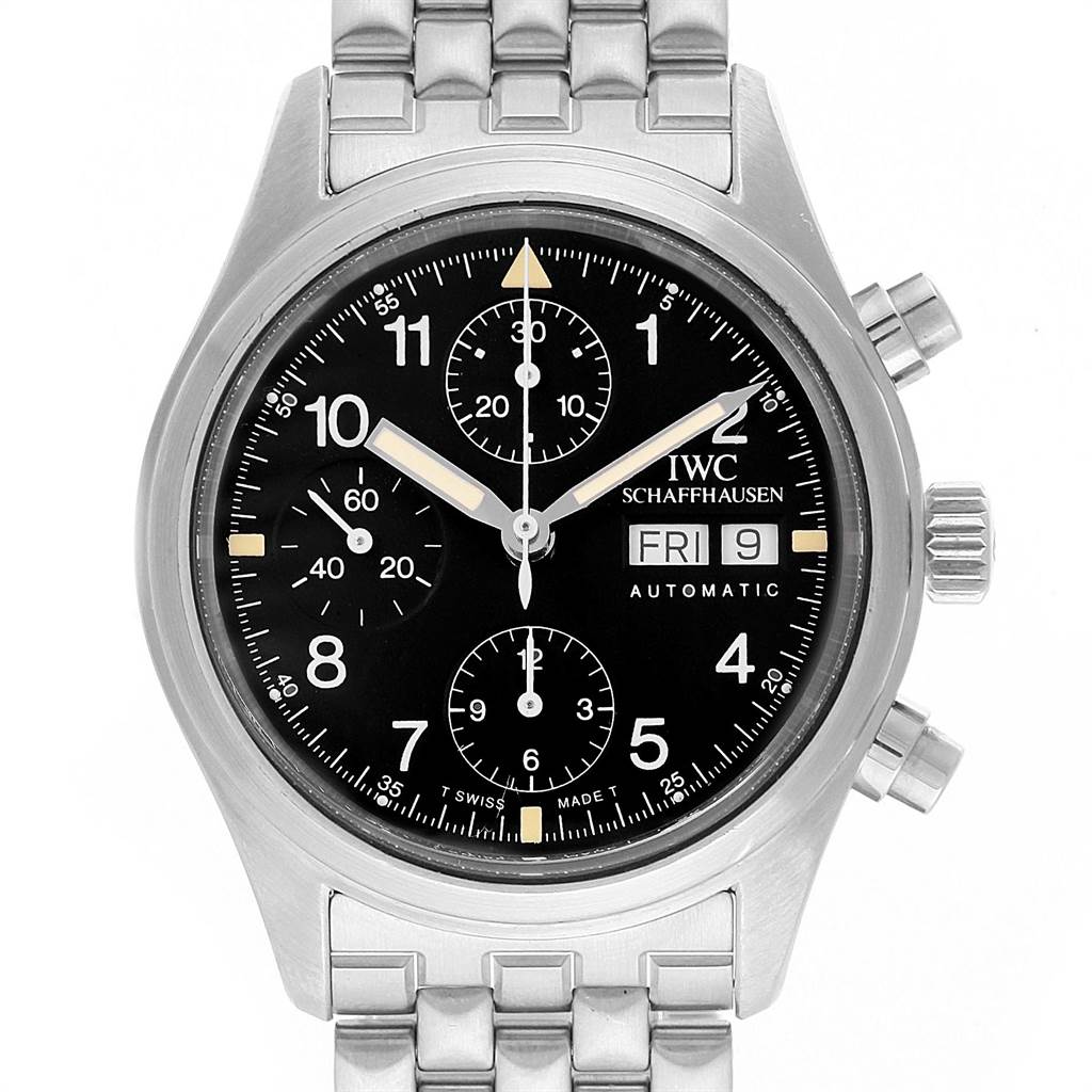 The image shows a frontal view of the IWC Pilot IW370607 Men
s Stainless Steel Black Dial IW370607 Men
s Stainless Steel Black Dial model watch, highlighting the dial, three subdials, day-date display, and stainless steel bracelet.