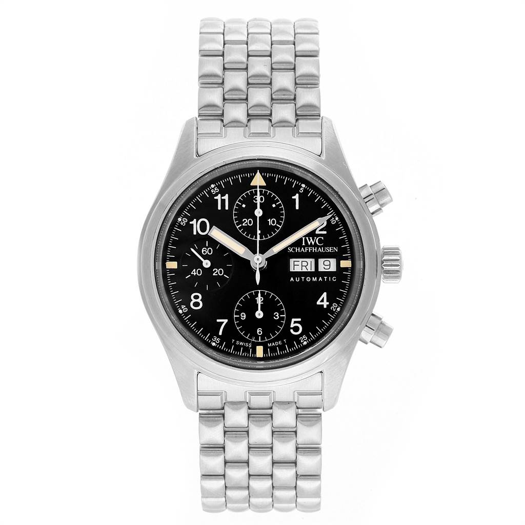 The IWC Pilot IW370607 Men
s Stainless Steel Black Dial IW370607 Men
s Stainless Steel Black Dial Model watch is shown from the front, displaying its face, bracelet, and side buttons.