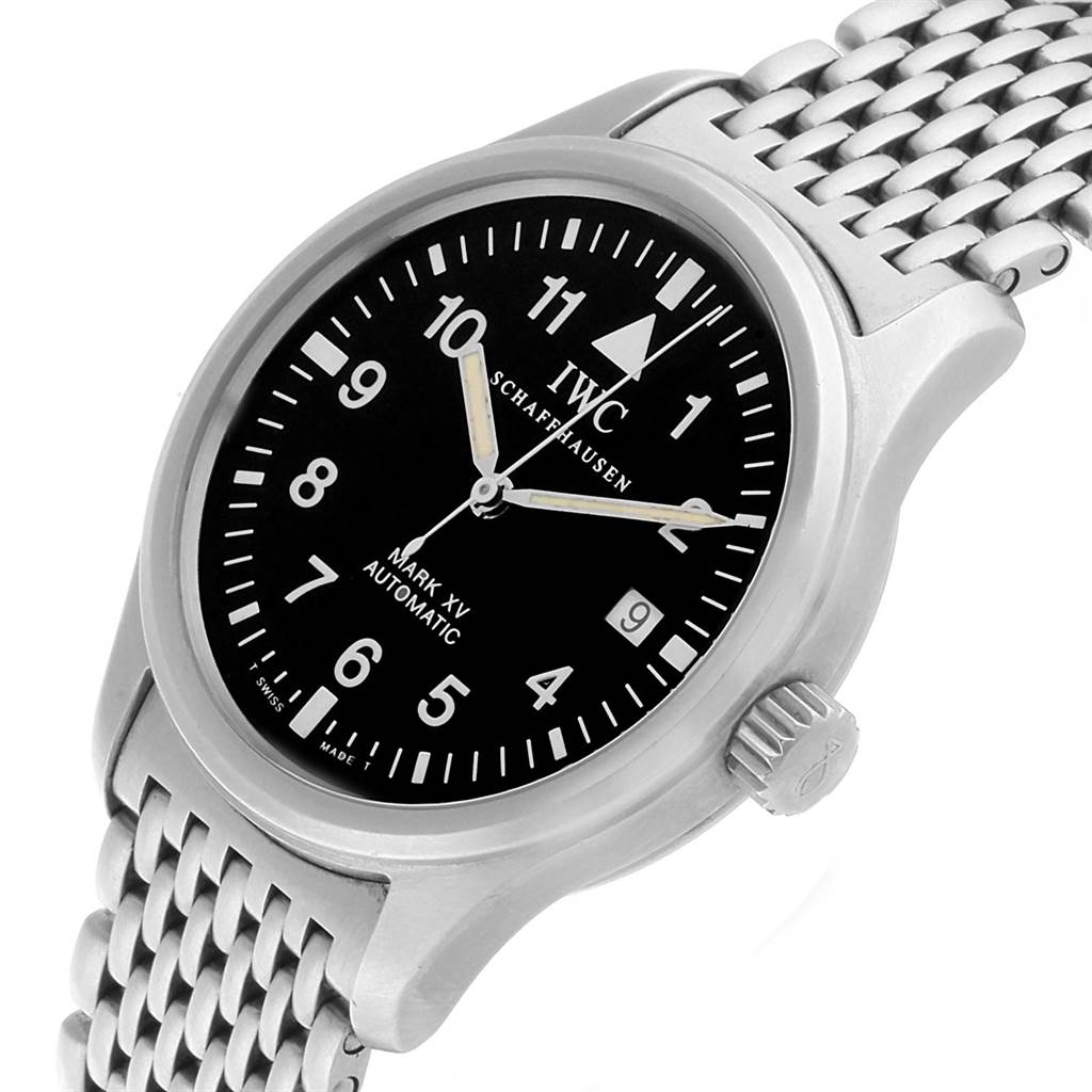 This image shows the face, crown, and mesh bracelet of the IWC Pilot IW325301 Men's Stainless Steel Black Dial IW325301 Men's Stainless Steel Black Dial Mark XV Automatic watch from a front angle.
