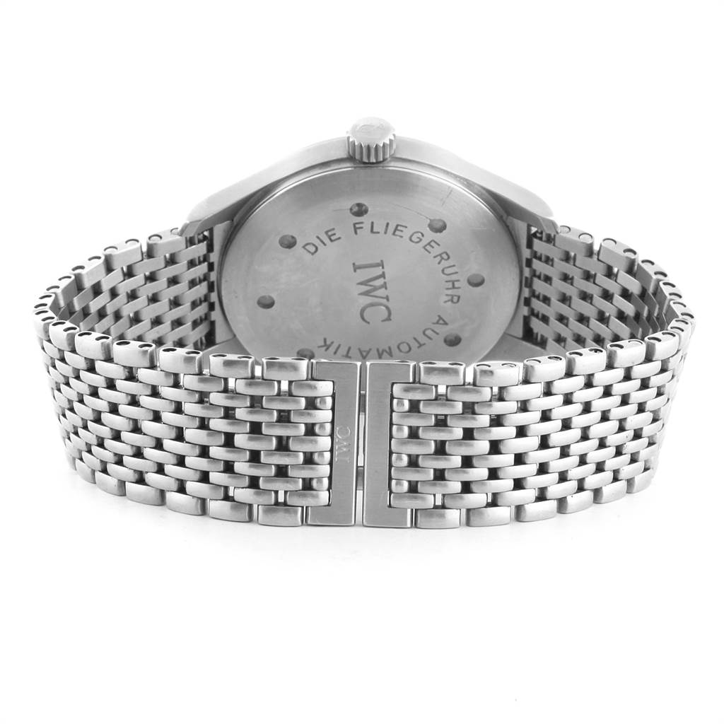 The image shows the back case and metal bracelet of the IWC Pilot IW325301 Men's Stainless Steel Black Dial IW325301 Men's Stainless Steel Black Dial model watch from a rear angle.