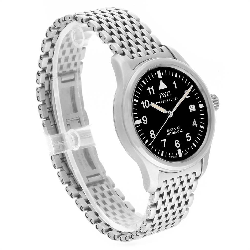 The image shows an angled view of an IWC Pilot IW325301 Men's Stainless Steel Black Dial IW325301 Men's Stainless Steel Black Dial Mark XV Automatic watch, displaying its face, bezel, and metal bracelet.
