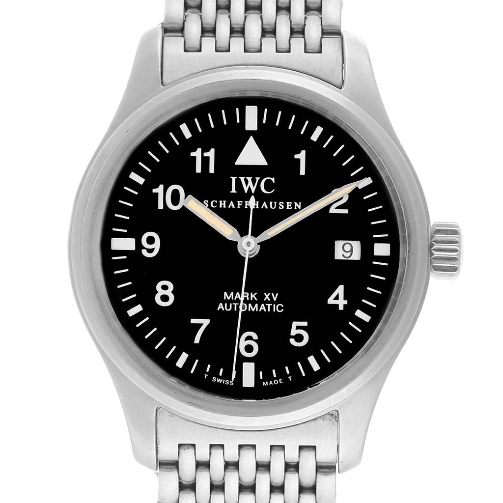The image shows a frontal view of an IWC Pilot IW325301 Men's Stainless Steel Black Dial IW325301 Men's Stainless Steel Black Dial Mark XV watch with a stainless-steel bracelet and a black dial.
