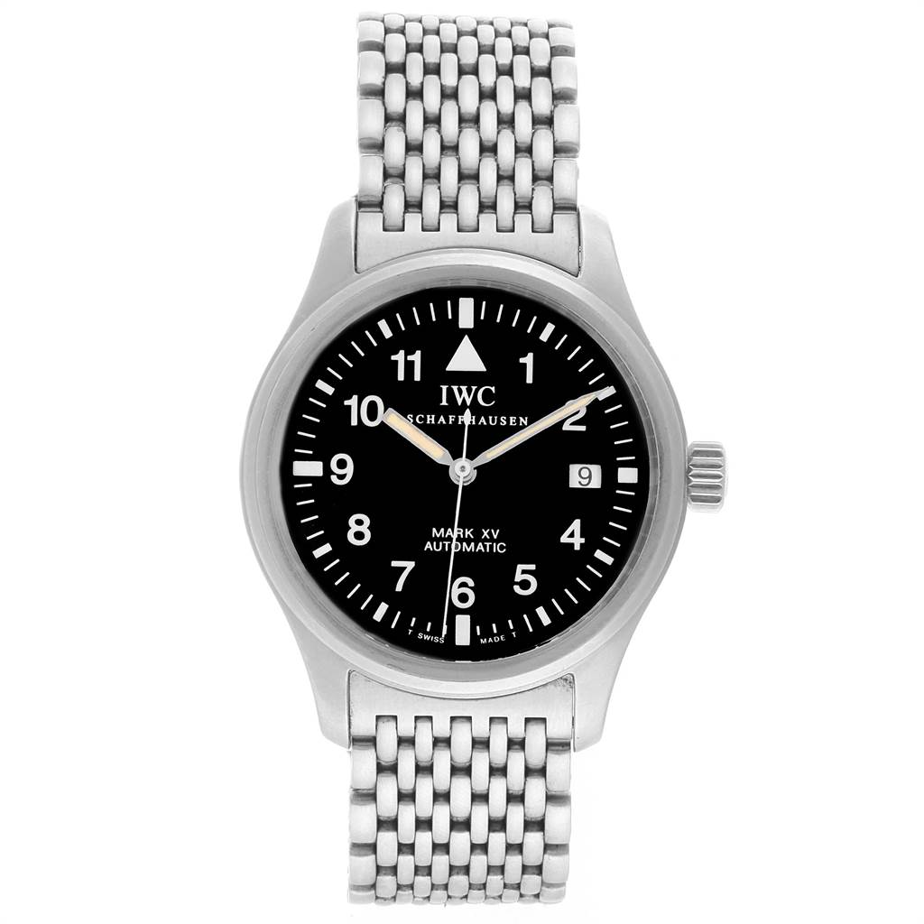 This image shows a front view of the IWC Pilot IW325301 Men's Stainless Steel Black Dial IW325301 Men's Stainless Steel Black Dial Mark XV watch, displaying its face, dial, hands, crown, and metal strap.