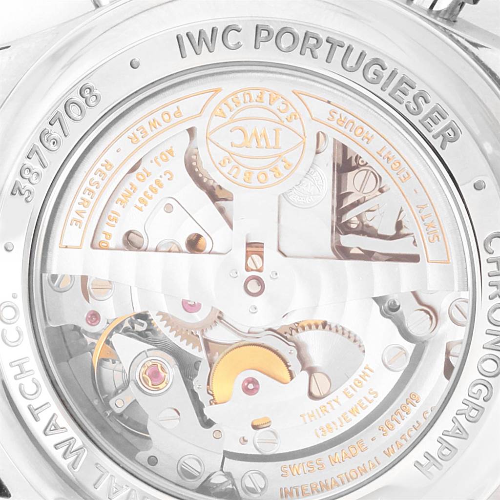 The image shows the interior mechanics view of the IWC Portugieser watch from the back angle, revealing its intricate movement components.