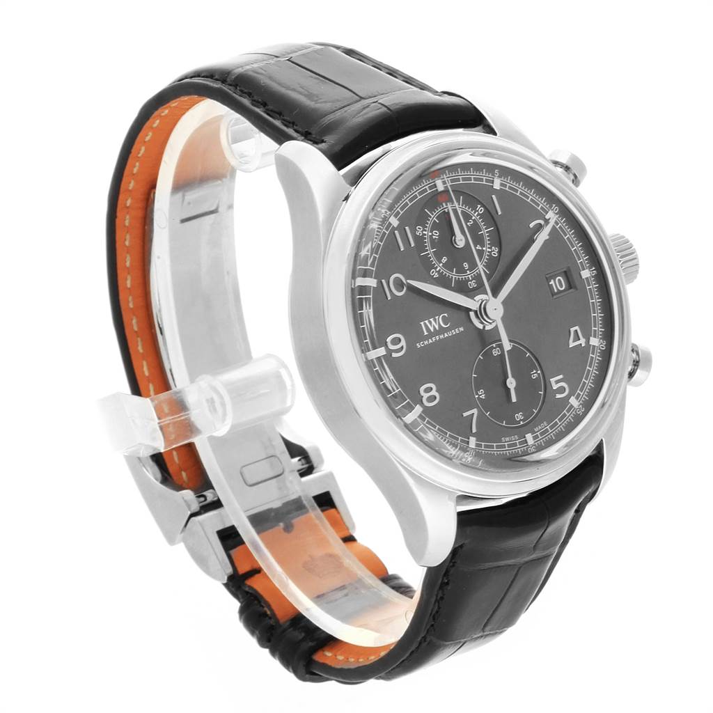 The image shows an IWC Portuguese IW390404 Men's Stainless Steel Grey Dial IW390404 Men's Stainless Steel Grey Dial model watch at a three-quarter angle, displaying the face and strap.