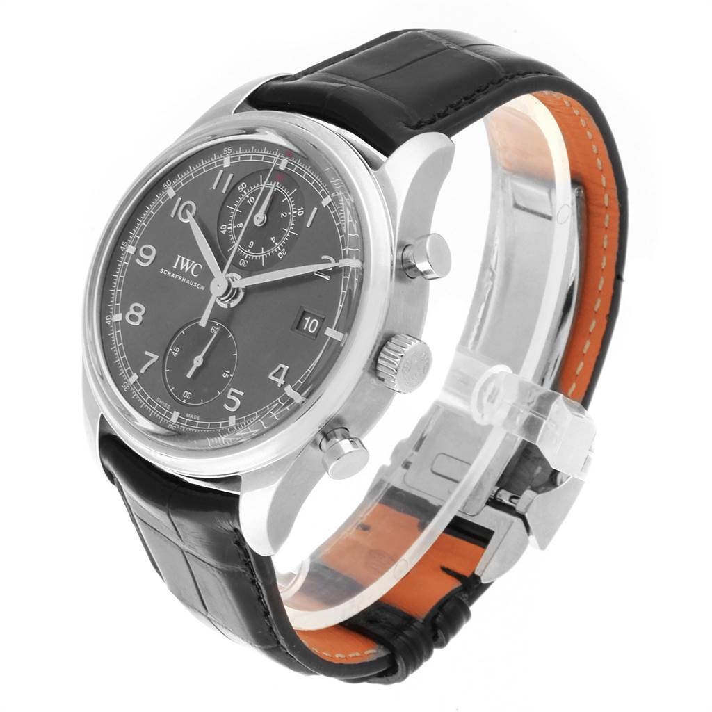 The IWC Portuguese IW390404 Men's Stainless Steel Grey Dial IW390404 Men's Stainless Steel Grey Dial watch is shown at a three-quarter angle, highlighting its dial, case, and leather strap.