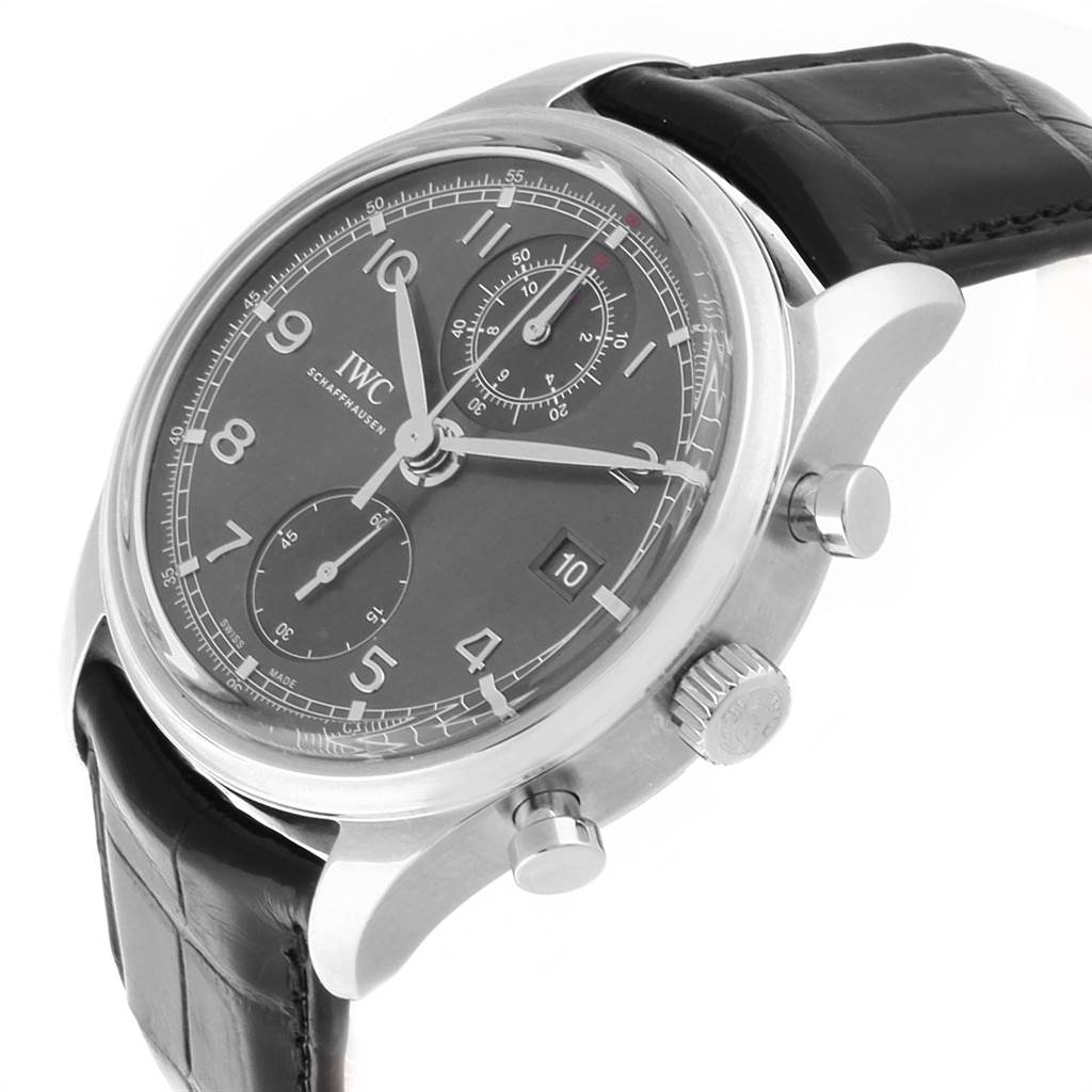 This image shows the IWC Portuguese IW390404 Men's Stainless Steel Grey Dial IW390404 Men's Stainless Steel Grey Dial model watch from a side angle, highlighting the dial, crown, and chronograph pushers.