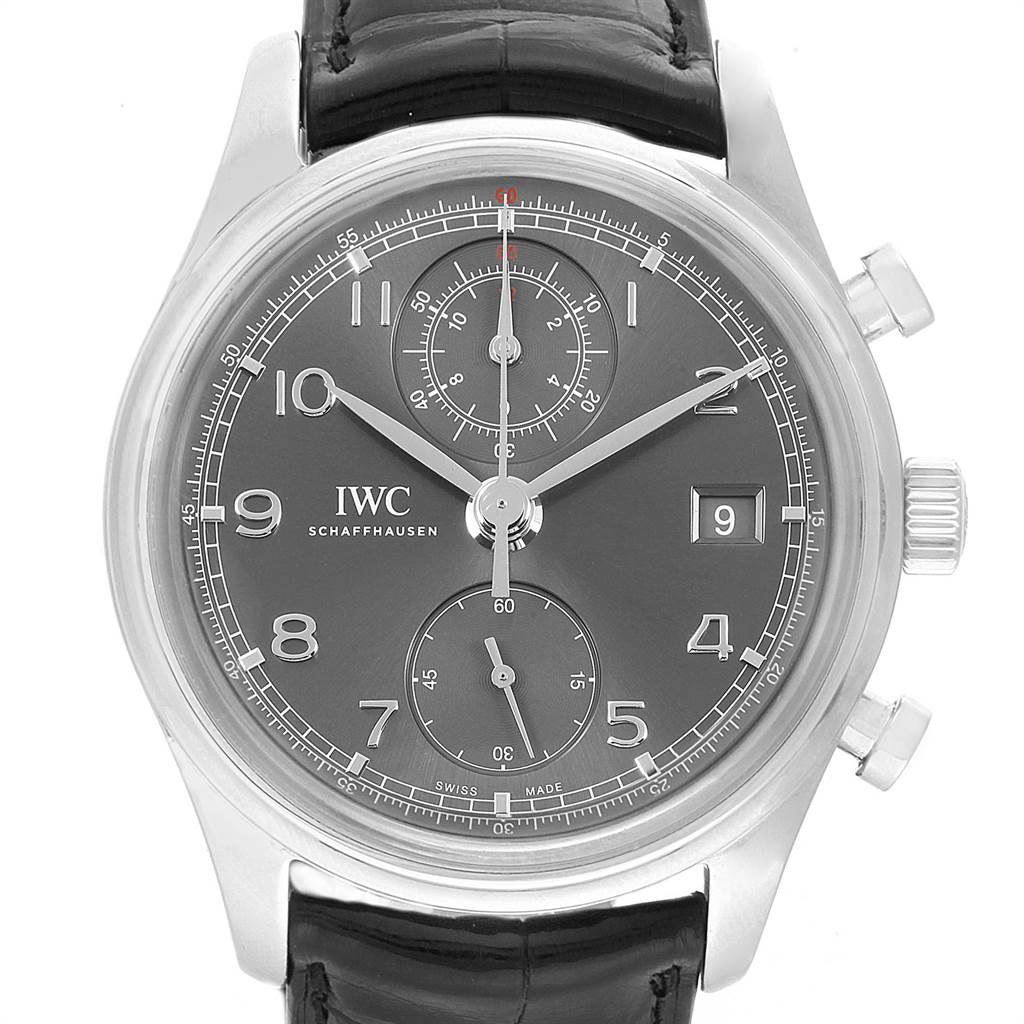 The image shows a front view of an IWC Portuguese IW390404 Men's Stainless Steel Grey Dial IW390404 Men's Stainless Steel Grey Dial watch displaying the face, numerals, sub-dials, and strap.