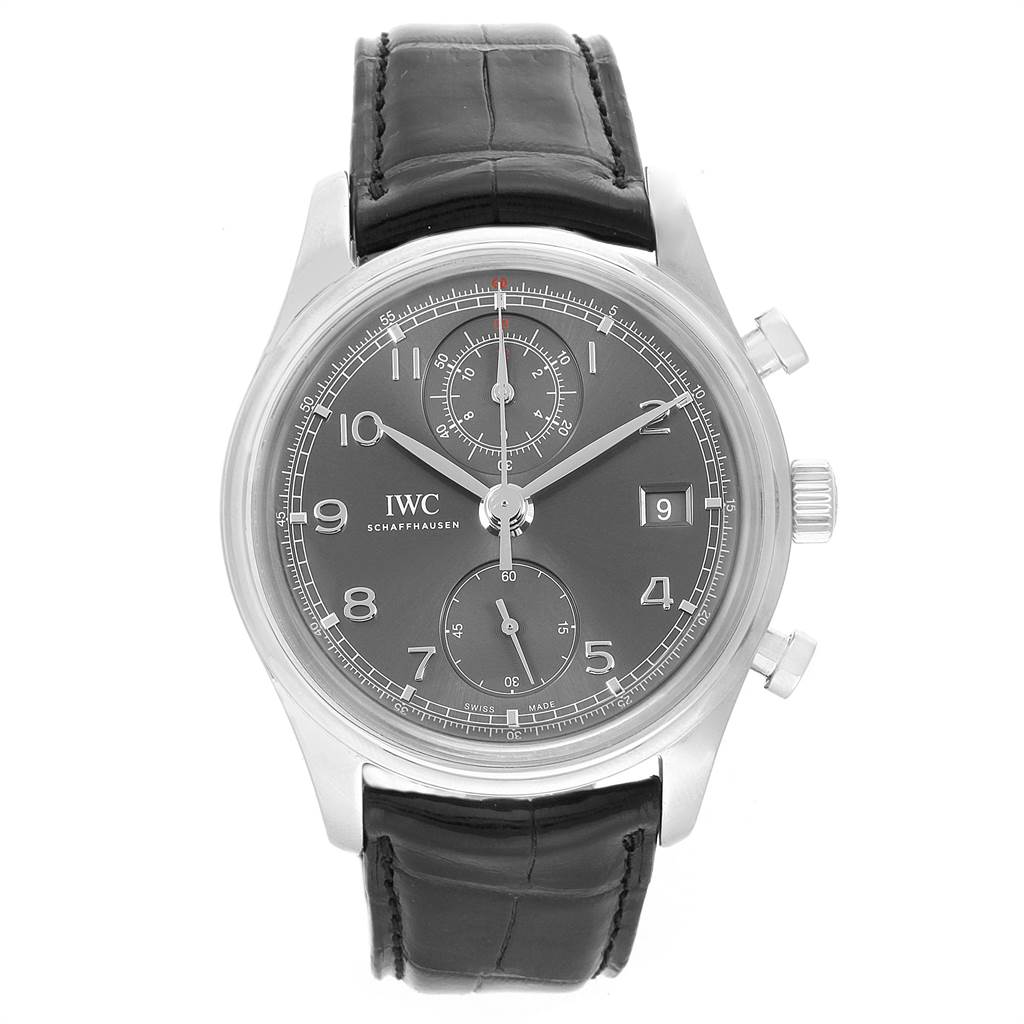 The image shows a front view of an IWC Portuguese IW390404 Men's Stainless Steel Grey Dial IW390404 Men's Stainless Steel Grey Dial model watch, with a black leather strap and silver case.