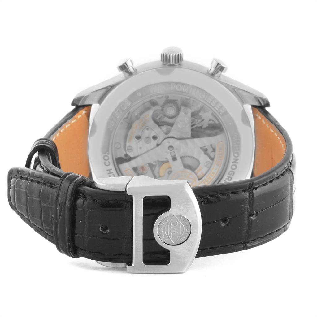 This image shows the back view of an IWC Portuguese IW390404 Men's Stainless Steel Grey Dial IW390404 Men's Stainless Steel Grey Dial model watch, highlighting the strap, clasp, and transparent case back.