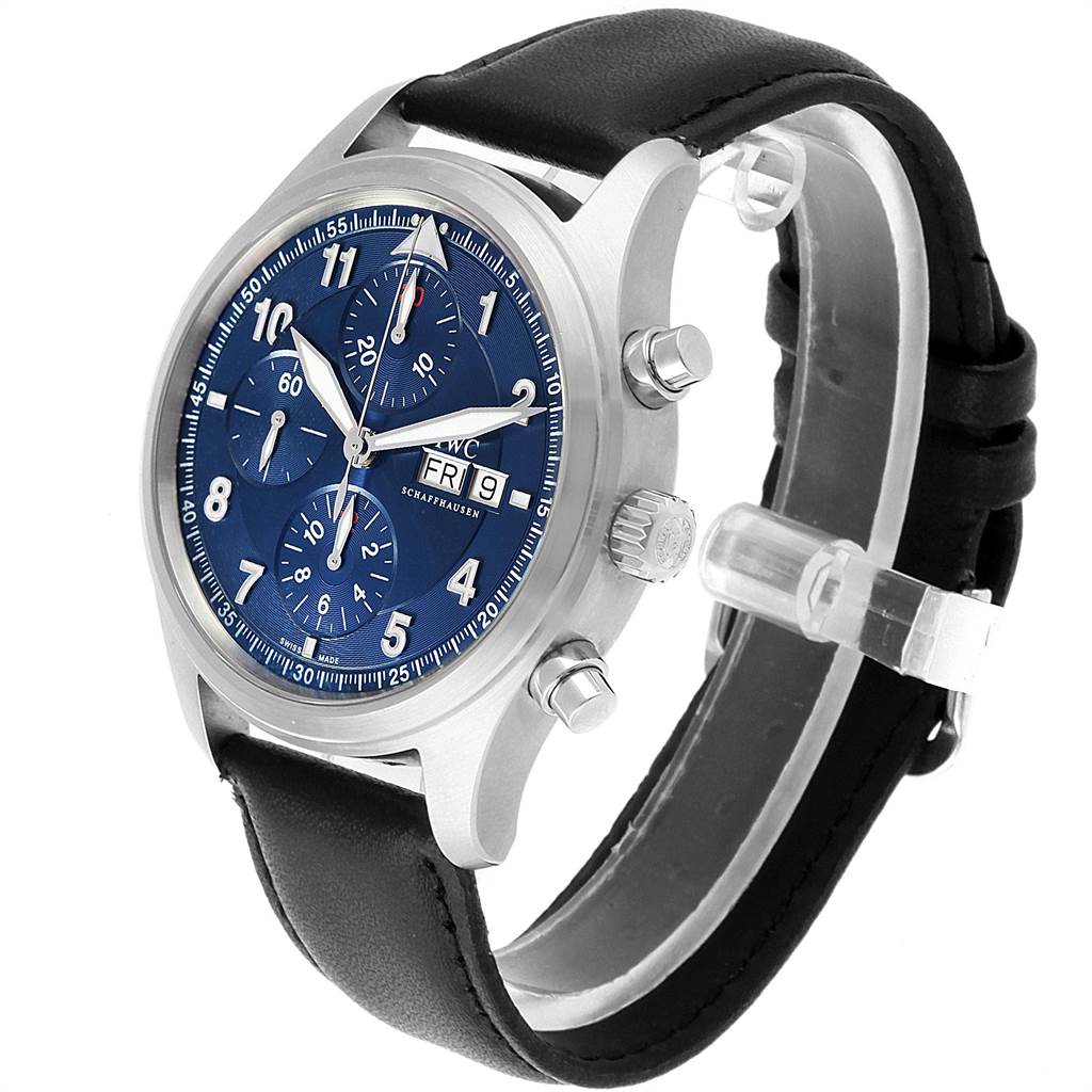The IWC Pilot IW371712 Men's Stainless Steel Blue Dial IW371712 Men's Stainless Steel Blue Dial model watch is shown from a front angle, displaying its blue dial, chronograph sub-dials, date display, and black leather strap.
