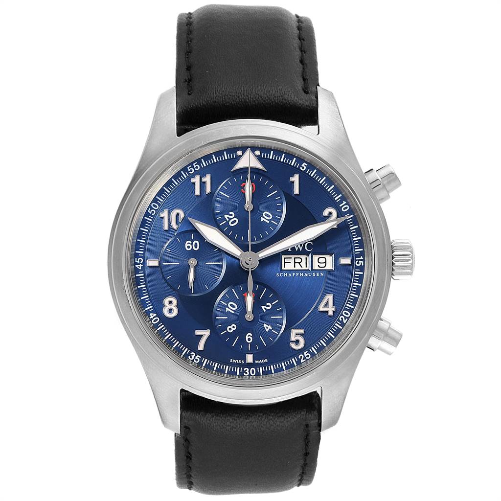 The IWC Pilot IW371712 Men's Stainless Steel Blue Dial IW371712 Men's Stainless Steel Blue Dial watch is shown from a front angle, displaying the face, dials, crown, and part of the black leather strap.