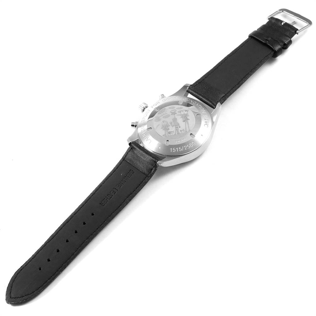 The image shows the back case and strap of the IWC Pilot IW371712 Men's Stainless Steel Blue Dial IW371712 Men's Stainless Steel Blue Dial model watch from a top-down angle.