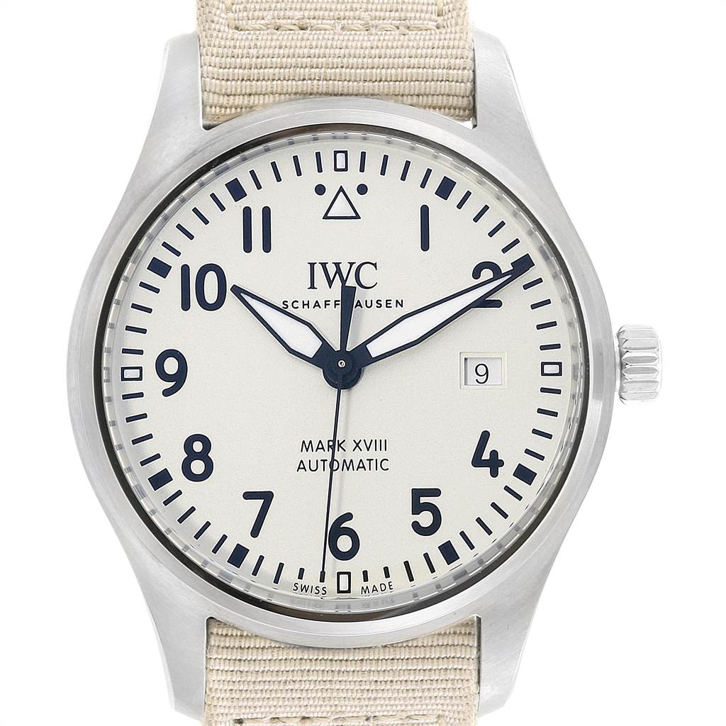 The image shows a front view of an IWC Pilot IW327017 Men's Stainless Steel Silver Dial IW327017 Men's Stainless Steel Silver Dial model watch, displaying the face, numbers, hands, date window, and part of the strap.